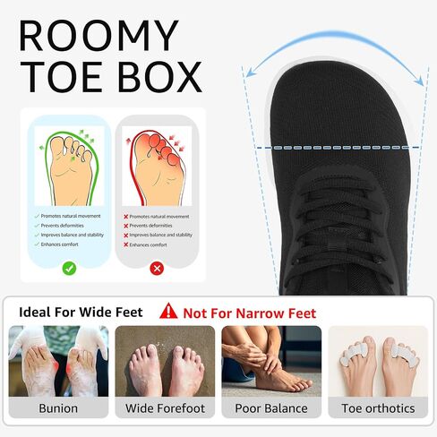 Womens Wide Walking Sneakers Tennis Shoes Black White Size 8.5 | Wide Toe Box, Natural Toe Splay, Comfort, Arch Support, Cushioned, Removable Insole, for Daily Wear, Lightweight, Breathable in Saudi Arabia