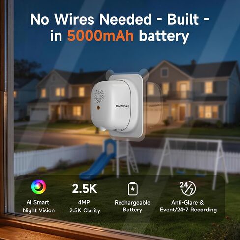 4MP 2.5K Wireless Window Camera, Rechargeable Indoor HD Home Security Camera, 2.4GHz WiFi, Full Color Night Vision, AI Motion Detection, Anti-Glare, No Wiring, Static Cling Mount No Residue in Kuwait