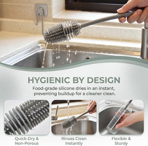 10.23"Silicone Bottle Brush Water Bottle Cleaner Brush for Yeti,Glassware, Vases & Narrow Neck Containers - Grey in Kuwait