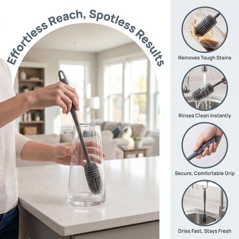 10.23"Silicone Bottle Brush Water Bottle Cleaner Brush for Yeti,Glassware, Vases & Narrow Neck Containers - Grey in Kuwait
