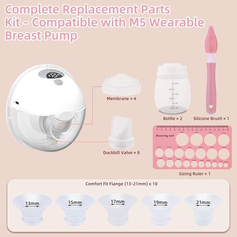 Replacement Parts Kit for Momcozy M5 Wearable Breast Pump – Includes 2 Bottles, 10 Flanges, 8 Duckbill Valves, 4 Membranes, Sizing Ruler & Cleaning Brush – BPA-Free, Easy to Clean in Kuwait
