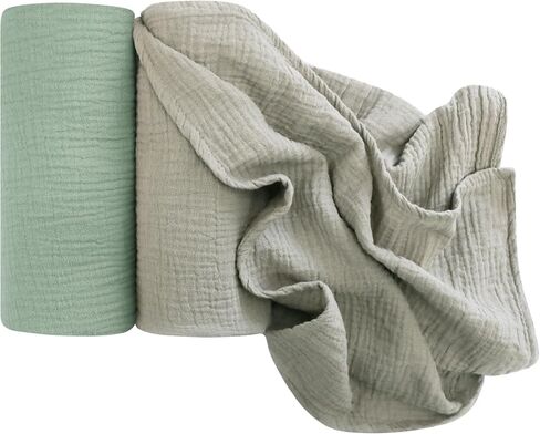 2Pack Muslin Swaddle Blankets 41" x 37" – Ultra-Soft 100% Cotton Breathable Receiving Blankets for Newborns, Boys & Girls, Multipurpose Wrap, Nursing Cover, Play Mat (Light Grey & Green) in Kuwait