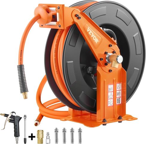 VEVOR Retractable Air Hose Reel with Double Arms, 3/8 IN x 65FT Hybrid Air Hose Max 300PSI, Air Compressor Hose Reel with 5FT Lead in, Ceiling/Wall Mount Heavy Duty Steel Reel for Workshop Garage in Kuwait