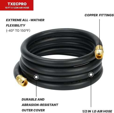 Hybrid Air Hose 1/2-Inch by 10-Feet 300 PSI Heavy Duty, Lightweight, Kink Resistant, All-Weather Flexibility with 1/2-Inch MNPT Brass Fittings, Black in Kuwait