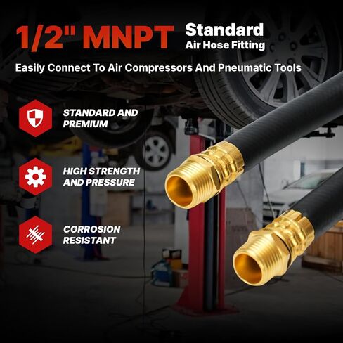 Hybrid Air Hose 1/2-Inch by 10-Feet 300 PSI Heavy Duty, Lightweight, Kink Resistant, All-Weather Flexibility with 1/2-Inch MNPT Brass Fittings, Black in Kuwait
