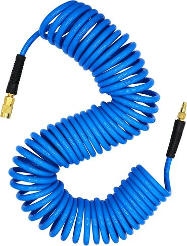 YOTOO Polyurethane Recoil Air Hose 3/8" Inner Diameter by 50' Long with Bend Restrictor, Repairable 1/4" Industrial Quick Coupler and Plug, Blue in Kuwait