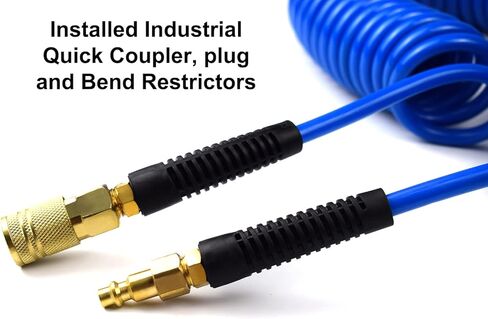 YOTOO Polyurethane Recoil Air Hose 3/8" Inner Diameter by 50' Long with Bend Restrictor, Repairable 1/4" Industrial Quick Coupler and Plug, Blue in Kuwait