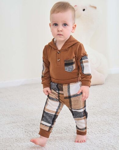 Renotemy Baby Boy Clothes 0-3 Months Winter Newborn Flannel Romper Outfits | Preemie Newborn Boy Going Home Outfits Essential,Infant Hoodie Brown Plaid Romper,Fall Winter Long Sleeve Boys Clothes in Saudi Arabia