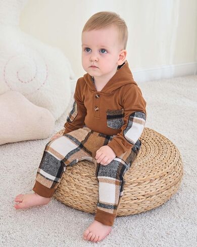 Renotemy Baby Boy Clothes 0-3 Months Winter Newborn Flannel Romper Outfits | Preemie Newborn Boy Going Home Outfits Essential,Infant Hoodie Brown Plaid Romper,Fall Winter Long Sleeve Boys Clothes in Saudi Arabia