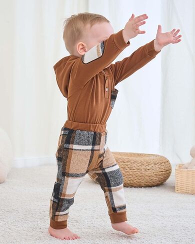 Renotemy Baby Boy Clothes 0-3 Months Winter Newborn Flannel Romper Outfits | Preemie Newborn Boy Going Home Outfits Essential,Infant Hoodie Brown Plaid Romper,Fall Winter Long Sleeve Boys Clothes in Saudi Arabia