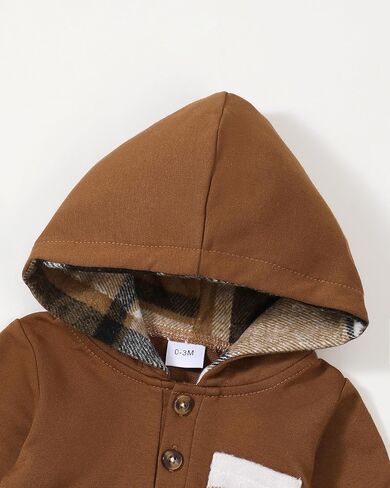 Renotemy Baby Boy Clothes 0-3 Months Winter Newborn Flannel Romper Outfits | Preemie Newborn Boy Going Home Outfits Essential,Infant Hoodie Brown Plaid Romper,Fall Winter Long Sleeve Boys Clothes in Saudi Arabia
