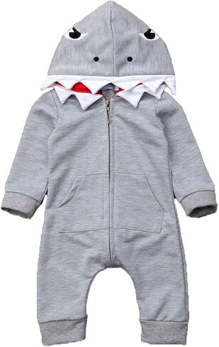 Newborn Baby Boy Halloween Clothes Outfit Shark Hooded Romper Zipper Romper Jumpsuit Long Sleeve Playsuit in Kuwait