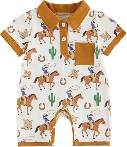 Seyurigaoka Baby Boy Western Clothes Horse Print Short Sleeve Collared Romper Jumpsuit Newborn Baby Cowboy Outfit in Kuwait