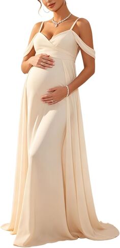 Maternity Maxi Dress Off Shoulder Strap Chiffon Baby Shower Gown | Chiffon off-shoulder maternity gown, thin spaghetti straps, elegant for pregnancy photoshoot & wedding guest events in Kuwait