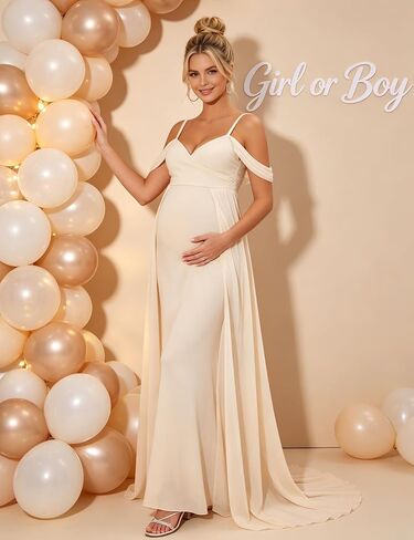 Maternity Maxi Dress Off Shoulder Strap Chiffon Baby Shower Gown | Chiffon off-shoulder maternity gown, thin spaghetti straps, elegant for pregnancy photoshoot & wedding guest events in Kuwait