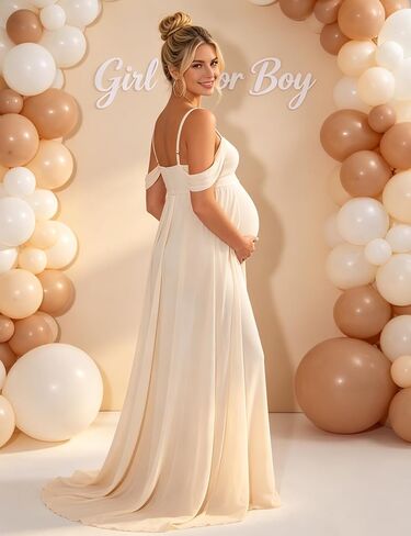 Maternity Maxi Dress Off Shoulder Strap Chiffon Baby Shower Gown | Chiffon off-shoulder maternity gown, thin spaghetti straps, elegant for pregnancy photoshoot & wedding guest events in Kuwait