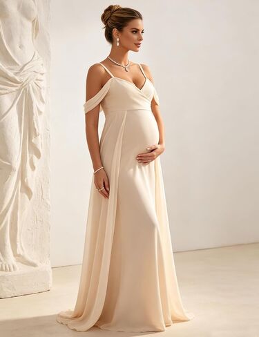 Maternity Maxi Dress Off Shoulder Strap Chiffon Baby Shower Gown | Chiffon off-shoulder maternity gown, thin spaghetti straps, elegant for pregnancy photoshoot & wedding guest events in Kuwait