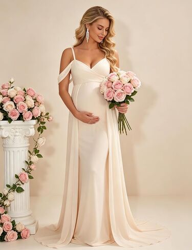 Maternity Maxi Dress Off Shoulder Strap Chiffon Baby Shower Gown | Chiffon off-shoulder maternity gown, thin spaghetti straps, elegant for pregnancy photoshoot & wedding guest events in Kuwait