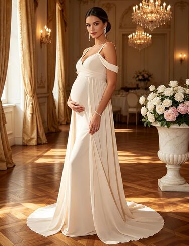 Maternity Maxi Dress Off Shoulder Strap Chiffon Baby Shower Gown | Chiffon off-shoulder maternity gown, thin spaghetti straps, elegant for pregnancy photoshoot & wedding guest events in Kuwait