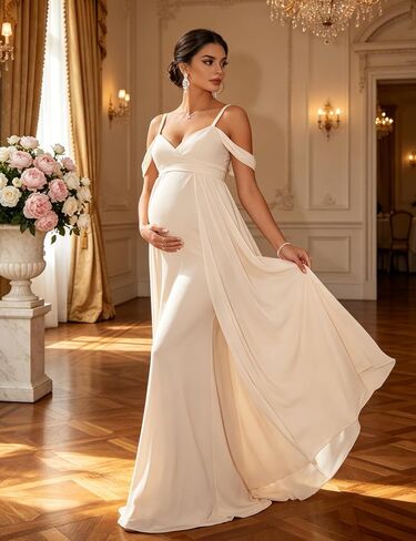 Maternity Maxi Dress Off Shoulder Strap Chiffon Baby Shower Gown | Chiffon off-shoulder maternity gown, thin spaghetti straps, elegant for pregnancy photoshoot & wedding guest events in Saudi Arabia