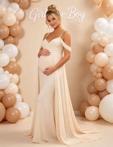Maternity Maxi Dress Off Shoulder Strap Chiffon Baby Shower Gown | Chiffon off-shoulder maternity gown, thin spaghetti straps, elegant for pregnancy photoshoot & wedding guest events in Saudi Arabia