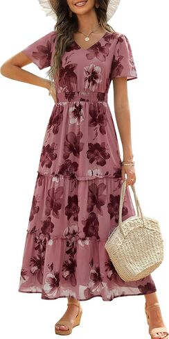Zattcas Womens 2026 Short Sleeve Summer Floral Maxi Dress | Flutter Sleeve V Neck Dress, Smocked Waist Tiered Dress with Pockets, Casual Long Summer Flowy Boho Modest Dress in Kuwait