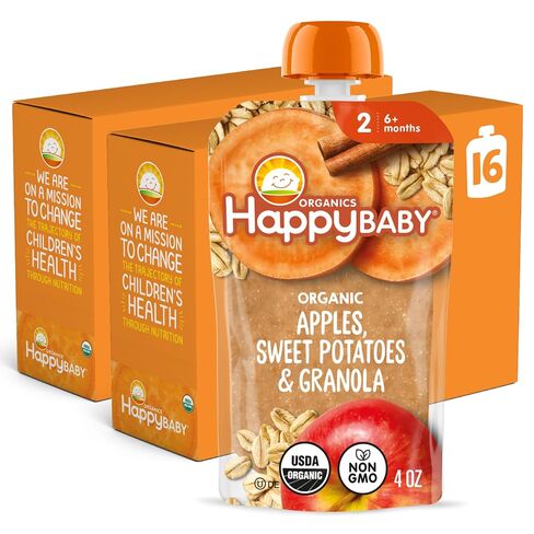 Happy Baby Organics Stage 2 Baby Food Pouches, Gluten Free, Vegan & Healthy Snack, Clearly Crafted Fruit & Veggie Puree, Apples, Sweet Potatoes & Granola, 4 Ounces (Pack of 16) in Kuwait