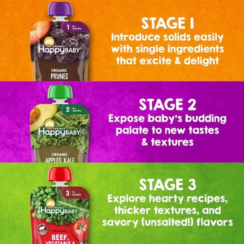 Happy Baby Organics Stage 2 Baby Food Pouches, Gluten Free, Vegan & Healthy Snack, Clearly Crafted Fruit & Veggie Puree, Apples, Sweet Potatoes & Granola, 4 Ounces (Pack of 16) in Kuwait