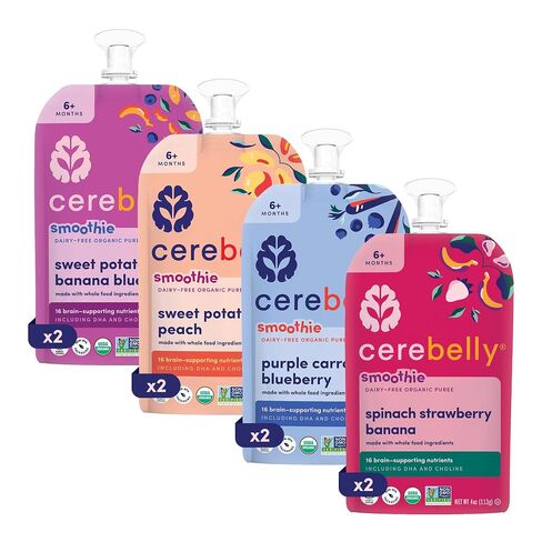 Cerebelly Organic Baby Food Pouches, Spinach Strawberry Smoothie, 12ct | 16 Brain Nutrients, Iron, Zinc, Non-GMO, BPA-Free, No Added Sugars, Stage3&4, Shelf-Stable, Nut-Free, Dairy-Free, Gluten-Free in Kuwait