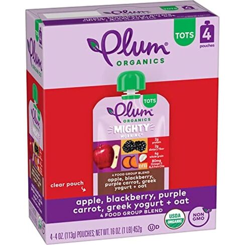 Plum Organics Mighty Food Group Blend, 4 Ounce Pouch, 6 Pack | Organic Baby Food, Quinoa, Blackberry, Purple Carrot, Greek Yogurt & Oat, 12+ Months, Kosher, Non-GMO in Kuwait