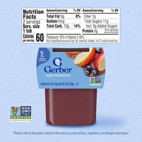 Gerber Stage 2 Apple Blueberry Puree Baby Food, 4 Oz, 16 Pack | Stage 2 baby food; apple blueberry puree tubs; no artificial colors or flavors; 16 x 4 oz in Kuwait