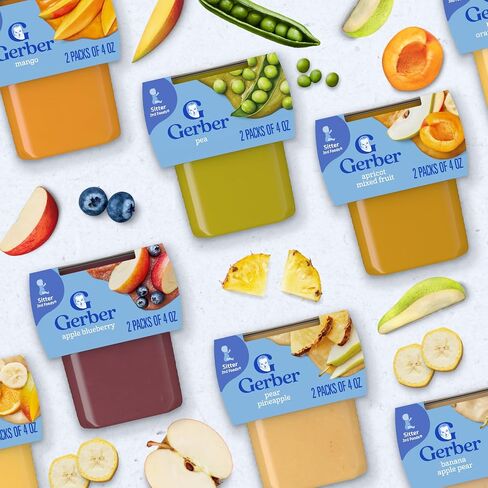 Gerber Stage 2 Apple Blueberry Puree Baby Food, 4 Oz, 16 Pack | Stage 2 baby food; apple blueberry puree tubs; no artificial colors or flavors; 16 x 4 oz in Kuwait