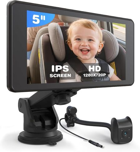 Baby Car Camera Monitor | 5" 1080P IPS Suction Cup Screen - 360° Rotation IR Night Vision 3X Zoom - USB Powered Headrest Mount for Baby Car Cam in Saudi Arabia