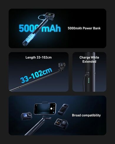 TELESIN Power Grip Selfie Stick for DJI OSMO Namo Action 6 5 Pro 4 3,GoPro Hero 13 12 11,Insta360 X5 X4 Action Camera & Phone, 40.16"Extension Charging Handle Grip, Portable Battery Power Selfie Pole in Kuwait