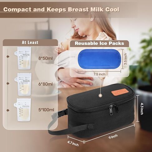 Small Portable Breast Milk Cooler Travel Bag with 2 Ice Packs, TSA Approved, Keeps Frozen Breast Milk Cold 8-10 hrs; fits 5-7 Flat Milk Storage Bags - Diaper Bag Size for Working & Traveling Moms in Kuwait