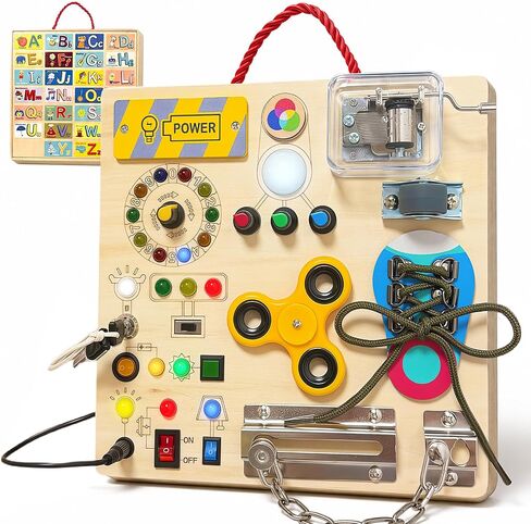 Busy Board with LED Light Switches, Montessori Toys for Toddlers 1-3, Wooden Sensory Activity Board, Travel Learning Toy for Boys & Girls, Educational Fidget Busy Board Gift for 1 2 3 Year Old Kids in Kuwait