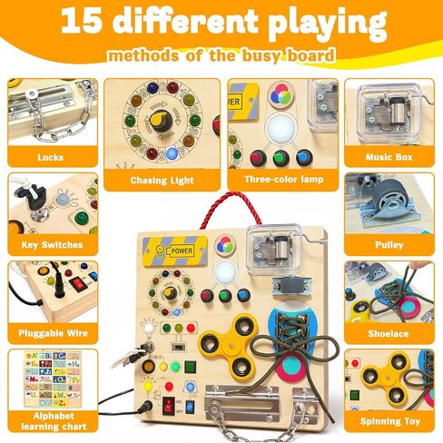 Busy Board with LED Light Switches, Montessori Toys for Toddlers 1-3, Wooden Sensory Activity Board, Travel Learning Toy for Boys & Girls, Educational Fidget Busy Board Gift for 1 2 3 Year Old Kids in Kuwait