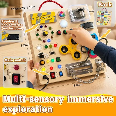 Busy Board with LED Light Switches, Montessori Toys for Toddlers 1-3, Wooden Sensory Activity Board, Travel Learning Toy for Boys & Girls, Educational Fidget Busy Board Gift for 1 2 3 Year Old Kids in Kuwait