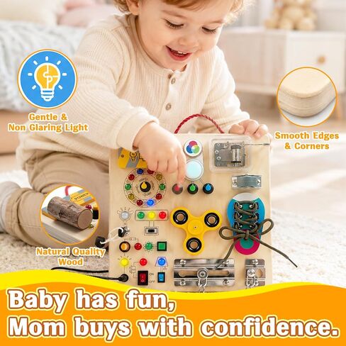 Busy Board with LED Light Switches, Montessori Toys for Toddlers 1-3, Wooden Sensory Activity Board, Travel Learning Toy for Boys & Girls, Educational Fidget Busy Board Gift for 1 2 3 Year Old Kids in Kuwait