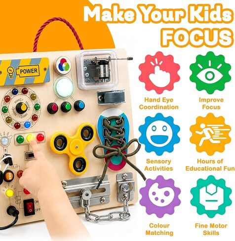 Busy Board with LED Light Switches, Montessori Toys for Toddlers 1-3, Wooden Sensory Activity Board, Travel Learning Toy for Boys & Girls, Educational Fidget Busy Board Gift for 1 2 3 Year Old Kids in Kuwait