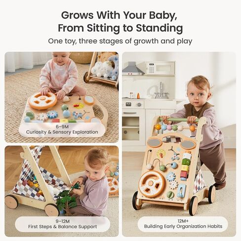 GROWNSY Wooden Baby Walker with Wheels, 3-in-1 Sit-to-Stand Push Walker | Adjustable Speed, Montessori Baby Walker with 7-in-1 Removable Activity Panel, First Birthday Gifts for Boys & Girls in Kuwait