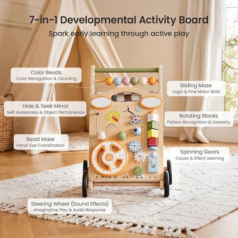 GROWNSY Wooden Baby Walker with Wheels, 3-in-1 Sit-to-Stand Push Walker | Adjustable Speed, Montessori Baby Walker with 7-in-1 Removable Activity Panel, First Birthday Gifts for Boys & Girls in Kuwait