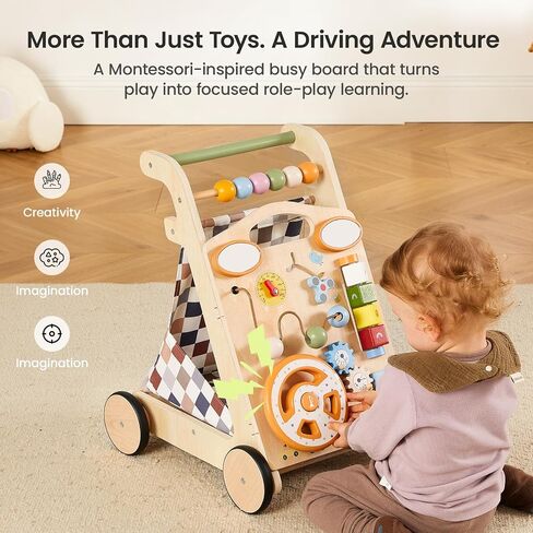 GROWNSY Wooden Baby Walker with Wheels, 3-in-1 Sit-to-Stand Push Walker | Adjustable Speed, Montessori Baby Walker with 7-in-1 Removable Activity Panel, First Birthday Gifts for Boys & Girls in Kuwait