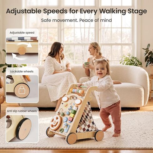 GROWNSY Wooden Baby Walker with Wheels, 3-in-1 Sit-to-Stand Push Walker | Adjustable Speed, Montessori Baby Walker with 7-in-1 Removable Activity Panel, First Birthday Gifts for Boys & Girls in Kuwait