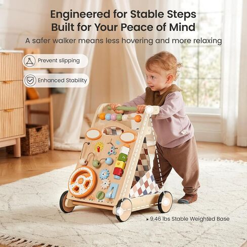 GROWNSY Wooden Baby Walker with Wheels, 3-in-1 Sit-to-Stand Push Walker | Adjustable Speed, Montessori Baby Walker with 7-in-1 Removable Activity Panel, First Birthday Gifts for Boys & Girls in Kuwait