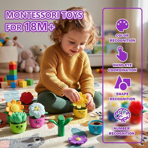 pamexin Montessori Toys for 18 + Month Old, Flower Garden Sorting & Stacking Toys, 10 Potted Plants Color Shape Matching Game, Preschool Learning Activities for Early Development in Kuwait