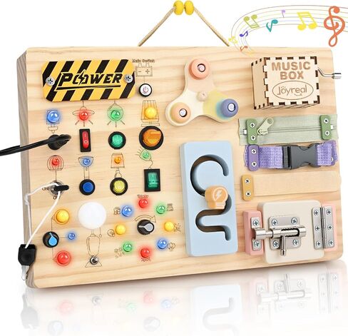 Joyreal Wooden Busy Board Montessori Toys for Toddlers, Sensory Activity Board with LED Lights, Music Box & Locks, Educational Learning Toy Gifts for Boys and Girls in Kuwait