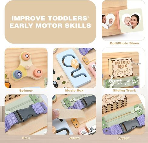 Joyreal Wooden Busy Board Montessori Toys for Toddlers, Sensory Activity Board with LED Lights, Music Box & Locks, Educational Learning Toy Gifts for Boys and Girls in Kuwait
