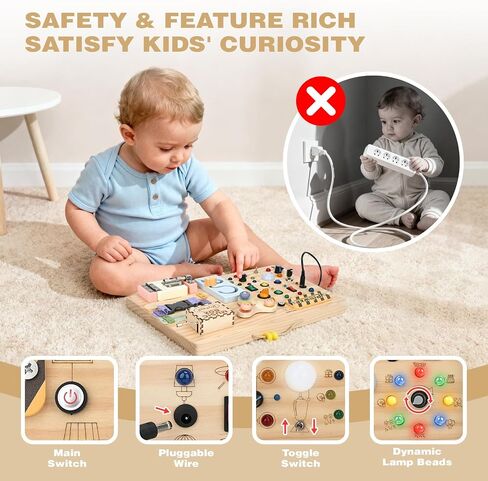 Joyreal Wooden Busy Board Montessori Toys for Toddlers, Sensory Activity Board with LED Lights, Music Box & Locks, Educational Learning Toy Gifts for Boys and Girls in Kuwait