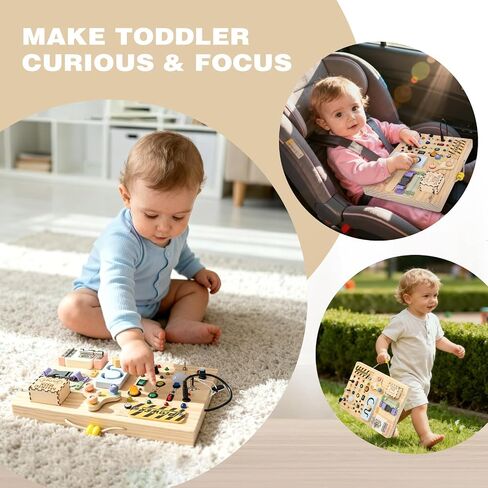 Joyreal Wooden Busy Board Montessori Toys for Toddlers, Sensory Activity Board with LED Lights, Music Box & Locks, Educational Learning Toy Gifts for Boys and Girls in Kuwait